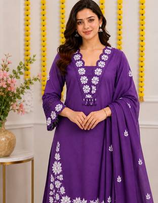 Royal purple embroidered cotton kurta palazzo set with dupatta 2