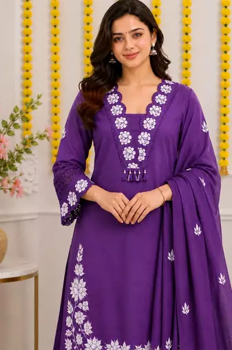 Royal purple embroidered cotton kurta palazzo set with dupatta