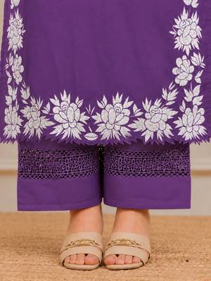 Royal purple embroidered cotton kurta palazzo set with dupatta 3