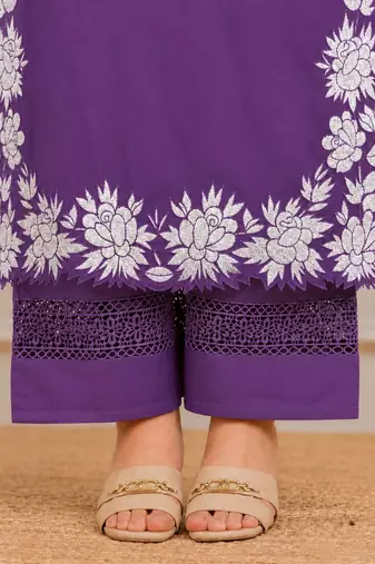 Royal purple embroidered cotton kurta palazzo set with dupatta