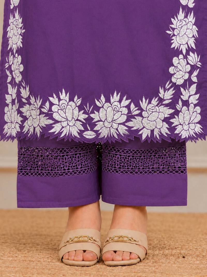 Royal purple embroidered cotton kurta palazzo set with dupatta