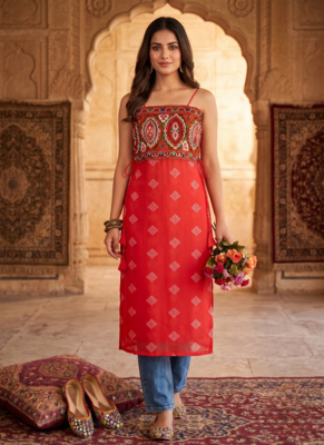 Women’s red bandhani printed embroidered halter neck kurti 1