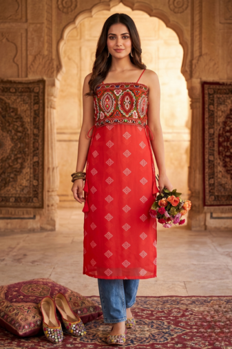 red bandhani printed embroidered halter neck kurti