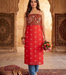 Women’s red bandhani printed embroidered halter neck kurti