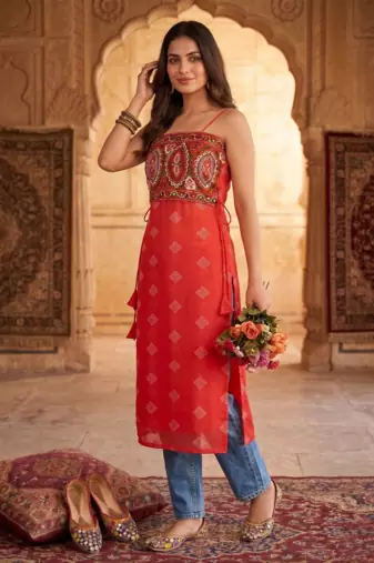 Women’s red bandhani printed embroidered halter neck kurti