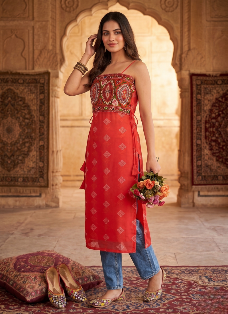 Women’s red bandhani printed embroidered halter neck kurti