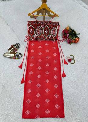 Women’s red bandhani printed embroidered halter neck kurti 3