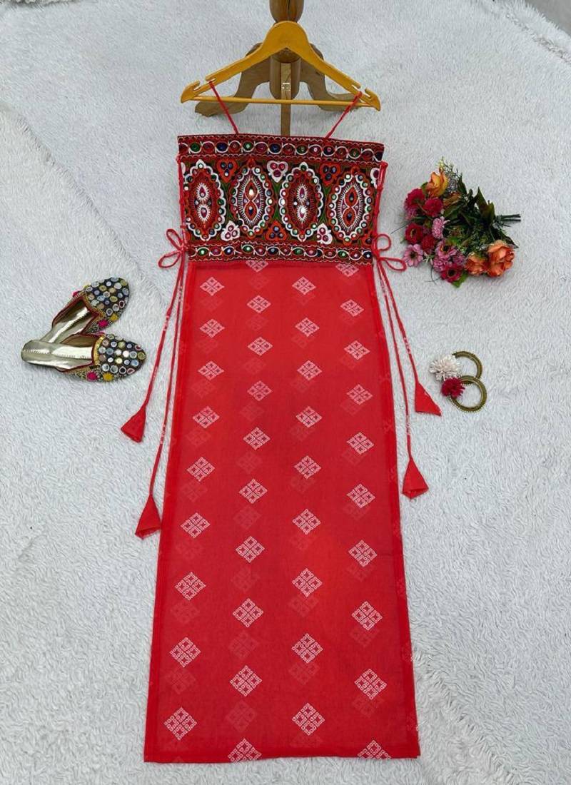 Women’s red bandhani printed embroidered halter neck kurti