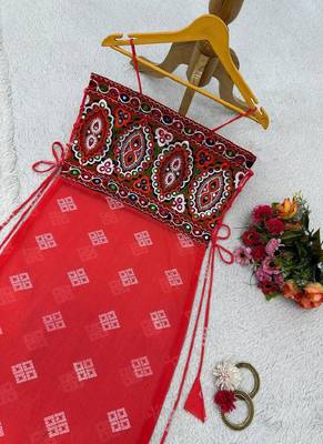 Women’s red bandhani printed embroidered halter neck kurti 4