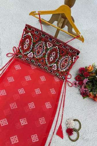 Women’s red bandhani printed embroidered halter neck kurti