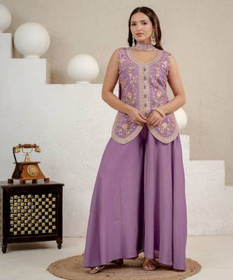 Women’s lavender  embroidered anarkali style kurta with palazzo pants 2