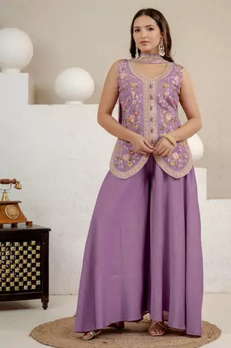 Women’s lavender  embroidered anarkali style kurta with palazzo pants
