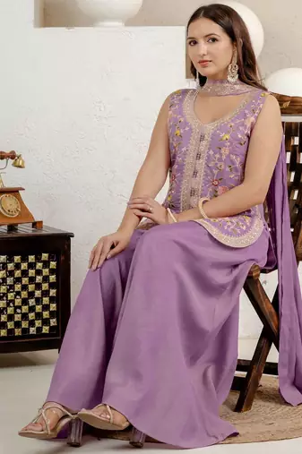Women’s lavender  embroidered anarkali style kurta with palazzo pants