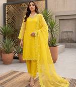 Women’s yellow embroidered straight kurta pant set with dupatta