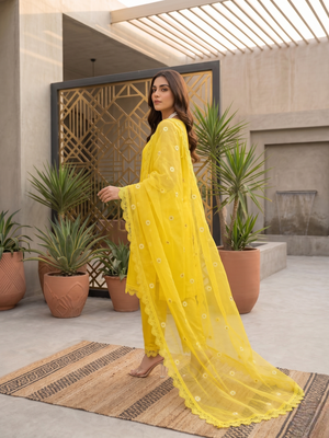 Women’s yellow embroidered straight kurta pant set with dupatta 2