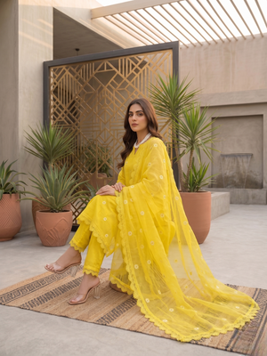Women’s yellow embroidered straight kurta pant set with dupatta 3
