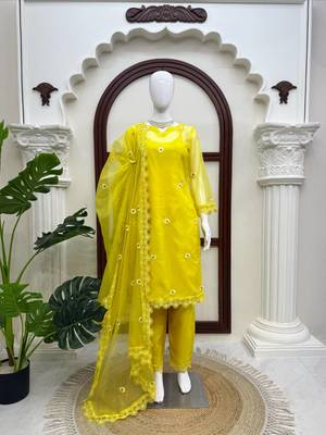 Women’s yellow embroidered straight kurta pant set with dupatta 4