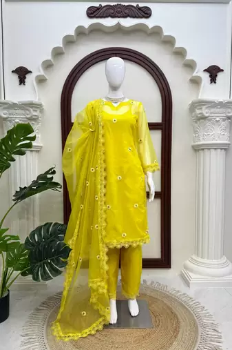 Women’s yellow embroidered straight kurta pant set with dupatta