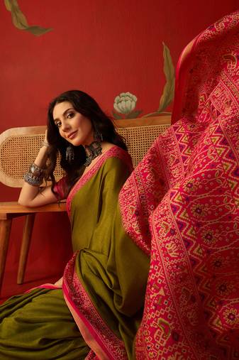 Olive silk cotton printed saree with unstitched blouse piece