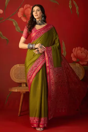 Olive silk cotton printed saree with unstitched blouse piece
