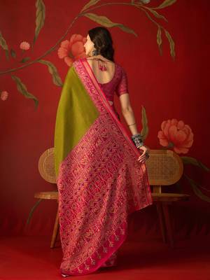 Olive silk cotton printed saree with unstitched blouse piece. 3