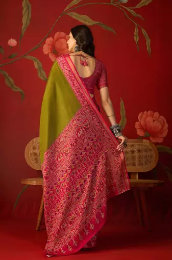 Olive silk cotton printed saree with unstitched blouse piece