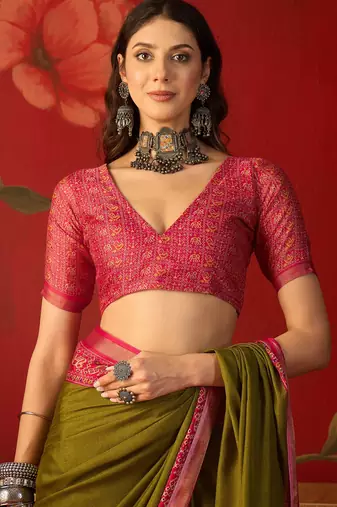 Olive silk cotton printed saree with unstitched blouse piece