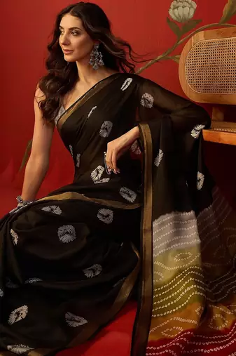 Black silk cotton bandhni printed saree with unstitched blouse piece