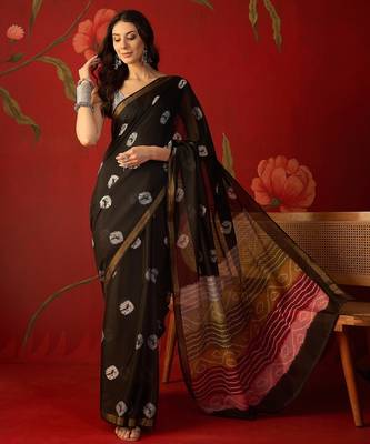 Black silk cotton bandhni printed saree with unstitched blouse piece. 2