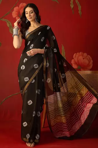 Black silk cotton bandhni printed saree with unstitched blouse piece
