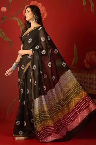 Black silk cotton bandhni printed saree with unstitched blouse piece