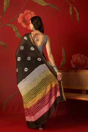 Black silk cotton bandhni printed saree with unstitched blouse piece
