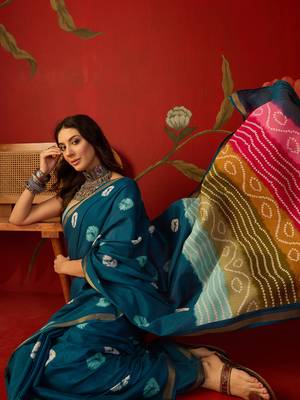 Teal silk cotton bandhni printed saree with unstitched blouse piece. 1
