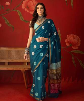 Teal silk cotton bandhni printed saree with unstitched blouse piece. 2