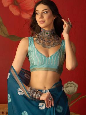 Teal silk cotton bandhni printed saree with unstitched blouse piece. 5