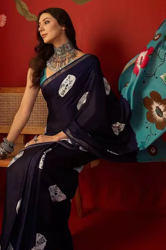 Navy silk cotton bandhni printed saree with unstitched blouse piece