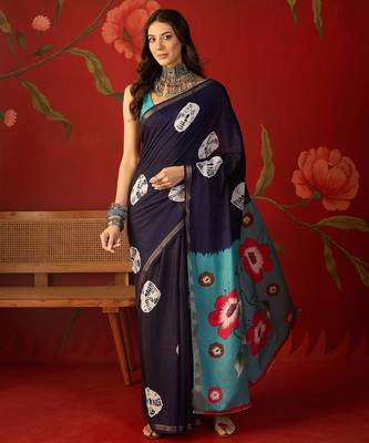 Navy silk cotton bandhni printed saree with unstitched blouse piece. 2