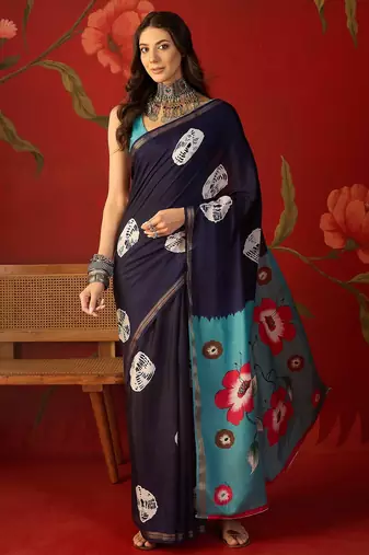 Navy silk cotton bandhni printed saree with unstitched blouse piece
