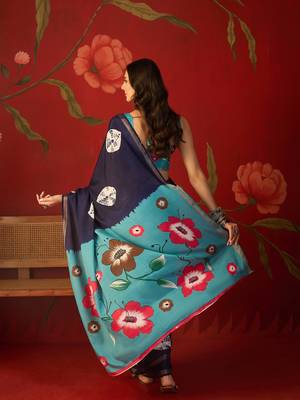 Navy silk cotton bandhni printed saree with unstitched blouse piece. 3
