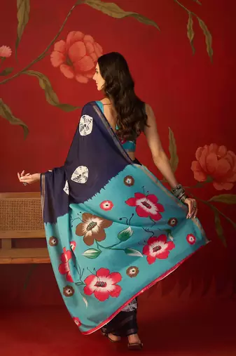 Navy silk cotton bandhni printed saree with unstitched blouse piece