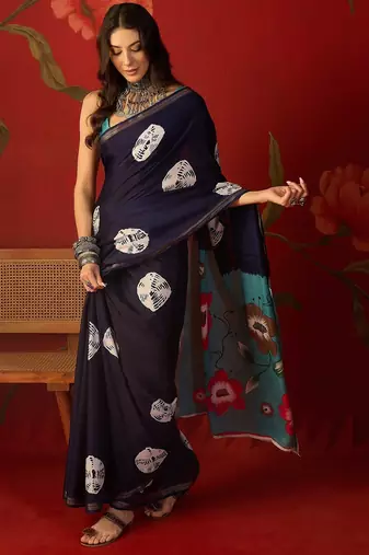 Navy silk cotton bandhni printed saree with unstitched blouse piece