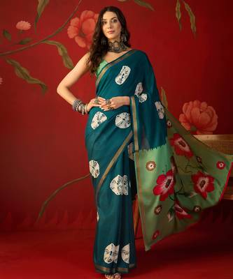 Rama silk cotton bandhni printed saree with unstitched blouse piece. 2