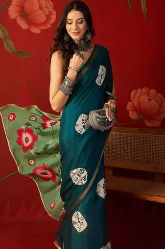 Rama silk cotton bandhni printed saree with unstitched blouse piece.