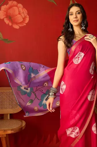 Rani silk cotton bandhni printed saree with unstitched blouse piece.