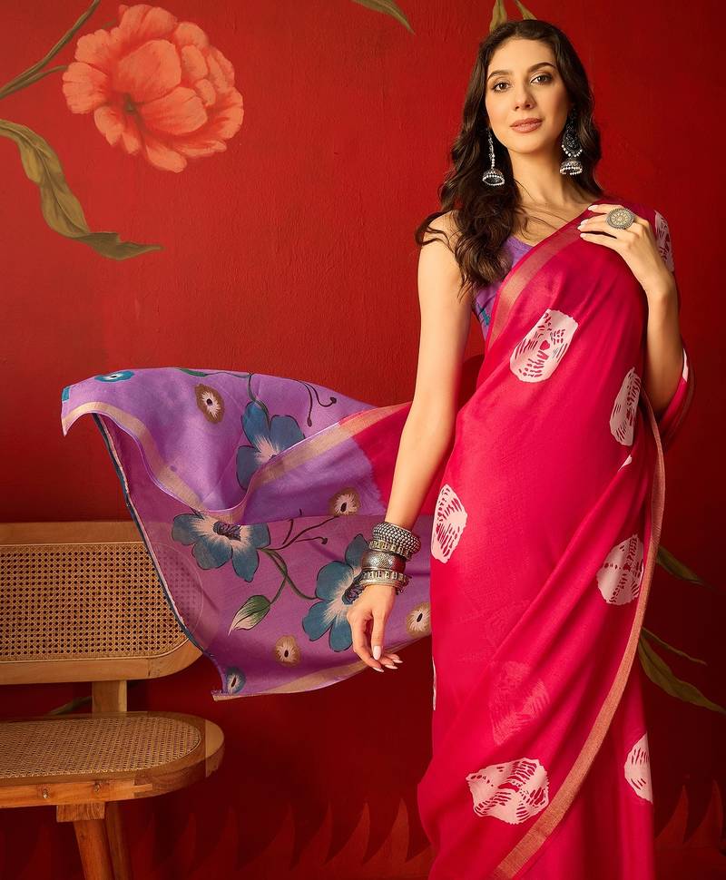 Rani silk cotton bandhni printed saree with unstitched blouse piece.