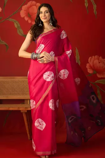 Rani silk cotton bandhni printed saree with unstitched blouse piece.