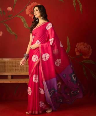 Rani silk cotton bandhni printed saree with unstitched blouse piece. 3
