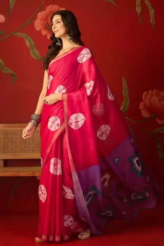 Rani silk cotton bandhni printed saree with unstitched blouse piece.