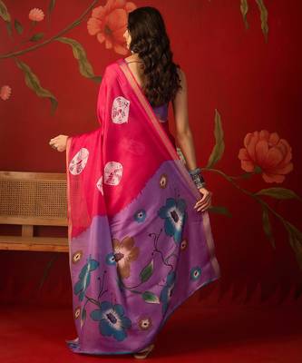 Rani silk cotton bandhni printed saree with unstitched blouse piece. 4