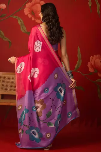 Rani silk cotton bandhni printed saree with unstitched blouse piece.